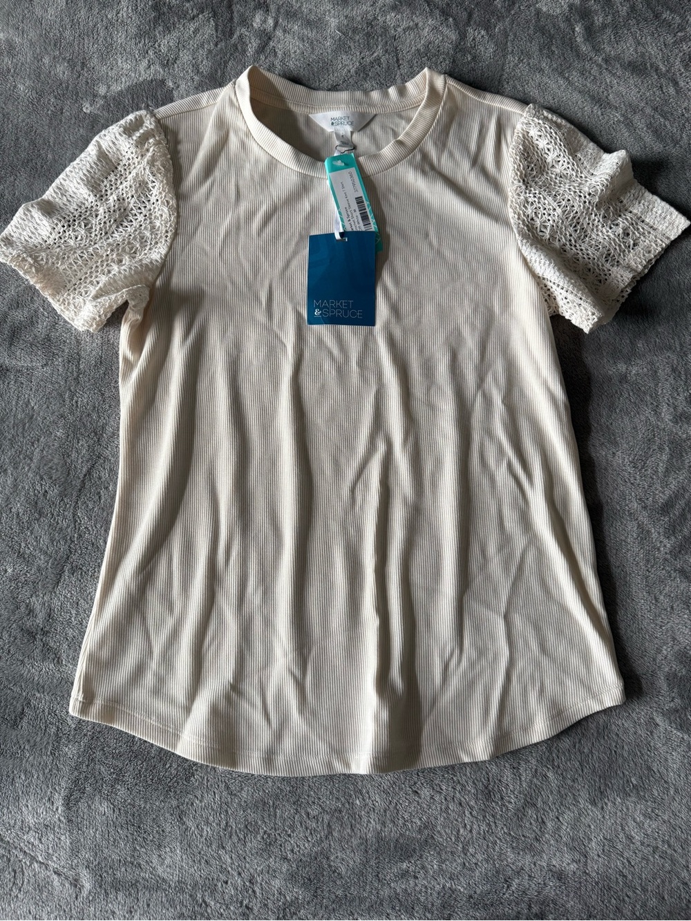 Market & Spruce Cream Ribbed Tee with Lace Short Sleeves